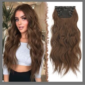 FESHFEN Clip In Hair Extensions - 4 PCS Long Wavy Full Head Synthetic, 20”,Brown